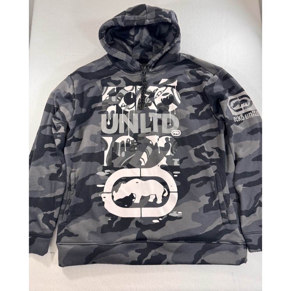 Ecko Unltd Mens Black Camo Pullover Hoodie XL Rhino Graphic Vintage Y2K